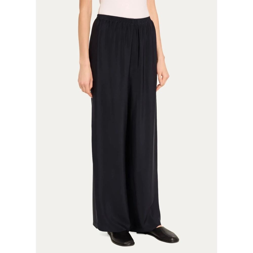 ESKANDAR 100% Silk Wide Leg Trousers Pants Size 1 Pull-On Black Midnight - Picture 2 of 10